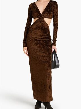 $695 NWT Nanushka “Zanee” Long Sleeve Velvet Cutout Maxi Dress in Brown Sz M